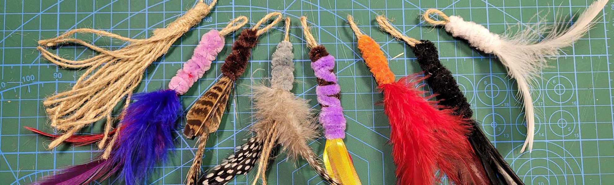 Set of handmade from feathers hemp ribbons refill toys for frenzy & da bird type wand teasers